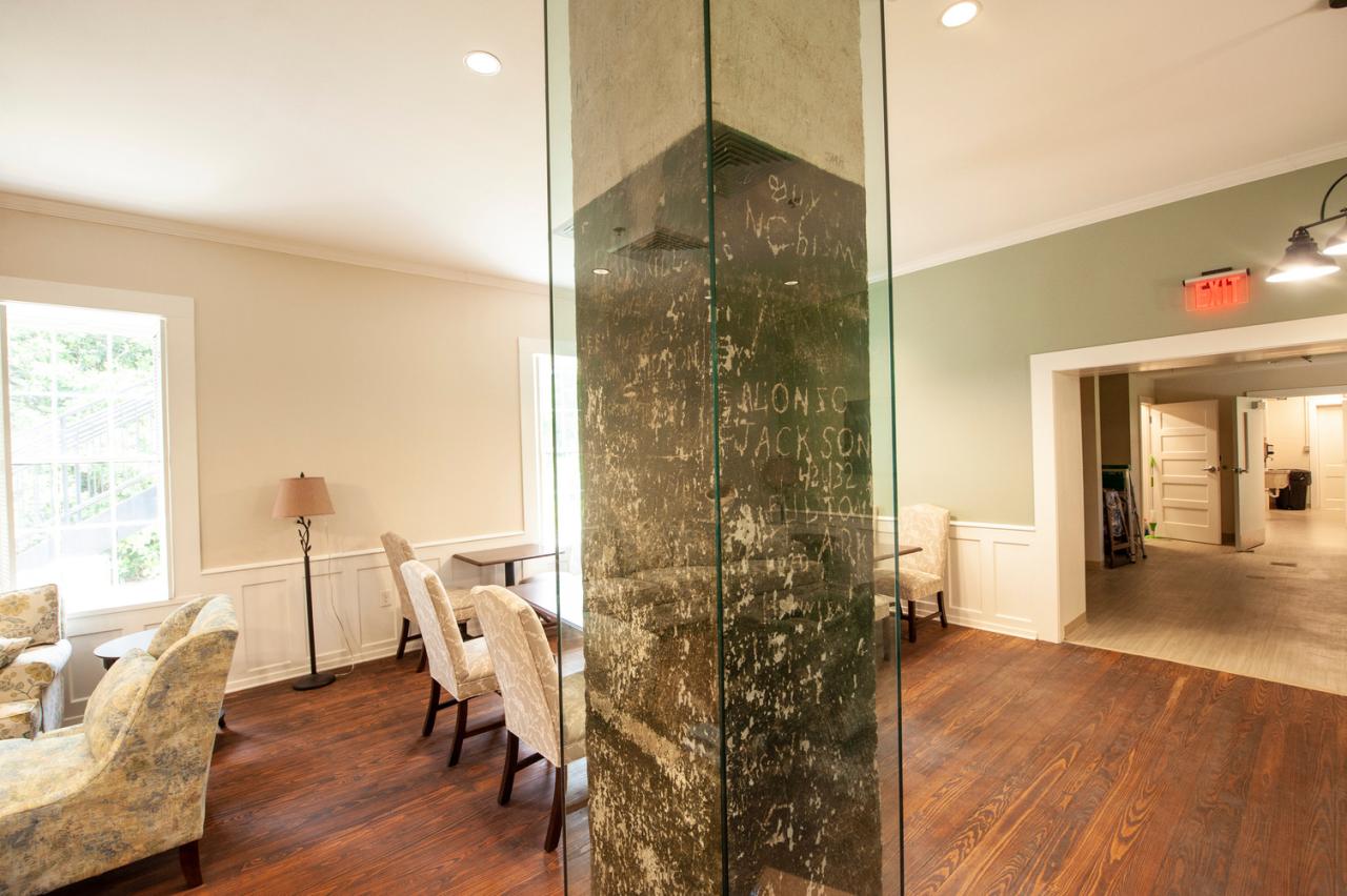 Jailhouse Bed and Breakfast at Historic Washington State Park pillar with convicts' names etched on them